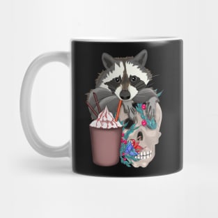Raccoon with yummy and a skull in flowers Mug